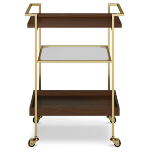 English Elm Jace Mango Wood Bar Cart 26" Cognac with Tempered Glass Shelves, Gold Metal Frame & Locking Wheels B136P158748
