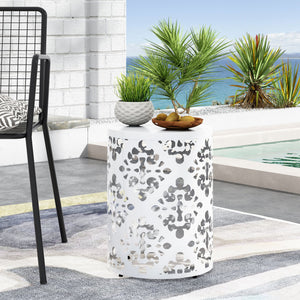 English Elm Outdoor Iron Accent Table Laser Cut Floral Cylinder Design for Patio or Balcony White 73605.00WHI