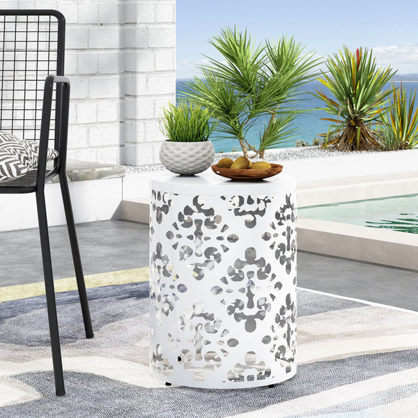 English Elm Outdoor Iron Accent Table Laser Cut Floral Cylinder Design for Patio or Balcony White 73605.00WHI