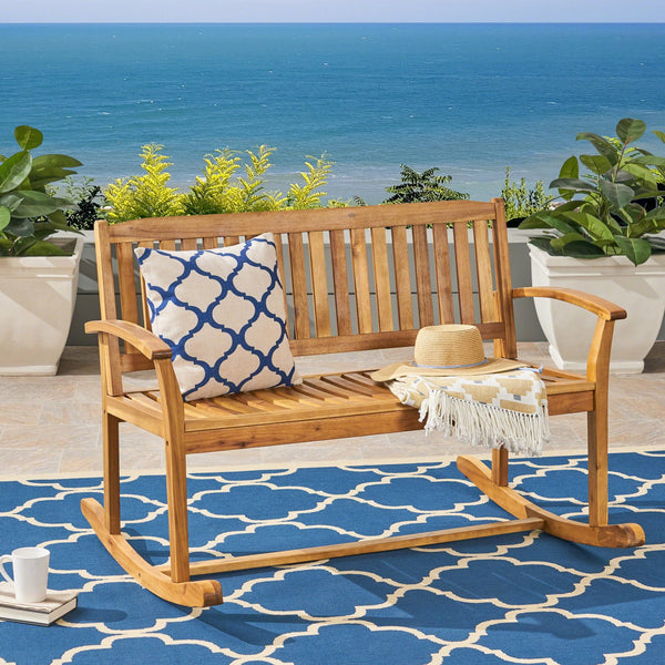 English Elm Christopher Knight Home® - Patio Acacia Wood Rocking Loveseat with Armrests — Handcrafted 2-Person Porch Bench, Slatted Comfort Natural 62267.00