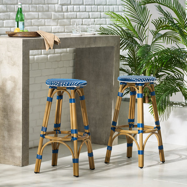 English Elm Outdoor Tropical Pe Rattan Backless Barstools Aluminum Frame Poolside Set of 2 72607.00