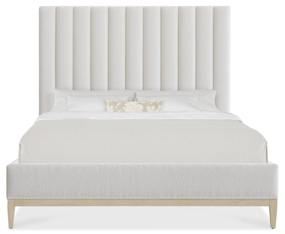 Hooker Furniture Cascade Queen Upholstered Bed With Channeled Headboard, Wolf Pearl Fabric & Terrain Oak Base 88.50 L x 65.25W x 62.00H 6120-90350-80