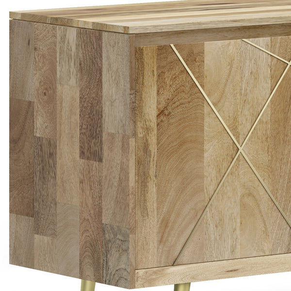 English Elm Jager Mid-Century Sideboard Buffet in Natural Mango Wood with Gold Brass Inlay & Soft-Close Doors B136P158752
