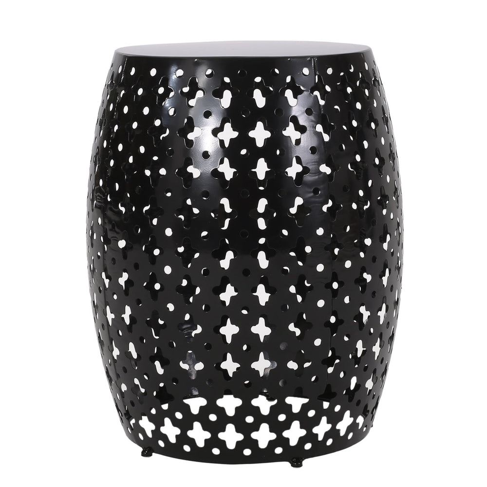 English Elm Metal Barrel End Table Powder Coated Iron Geometric Cut Indoor Outdoor Accent 73609.00BLK