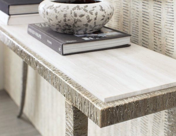 Hooker Furniture Melange Narrow Marble Console Table With Textured Silver Frame, Splayed Legs For Small Spaces 628-85669-00