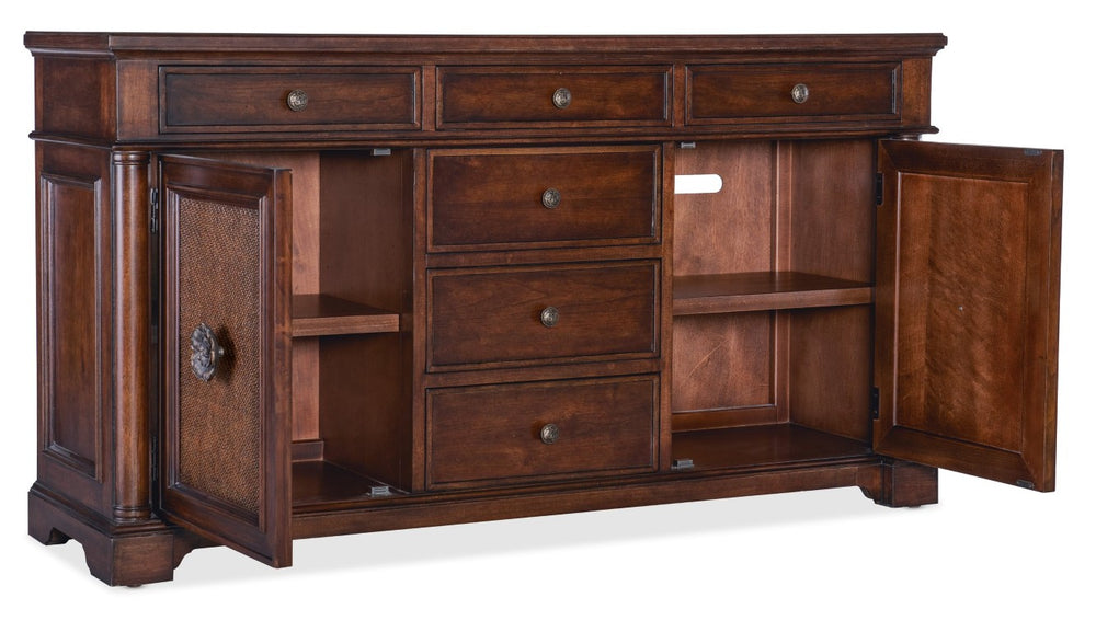 Hooker Furniture Charleston Maraschino Cherry Two-Door Six-Drawer Buffet With Cane Doors, Floral Bronze Hardware, 66" 6750-75902-85