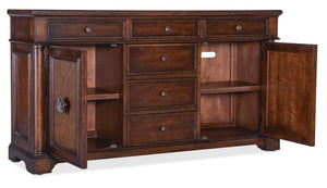 Hooker Furniture Charleston Maraschino Cherry Two-Door Six-Drawer Buffet With Cane Doors, Floral Bronze Hardware, 66" 6750-75902-85