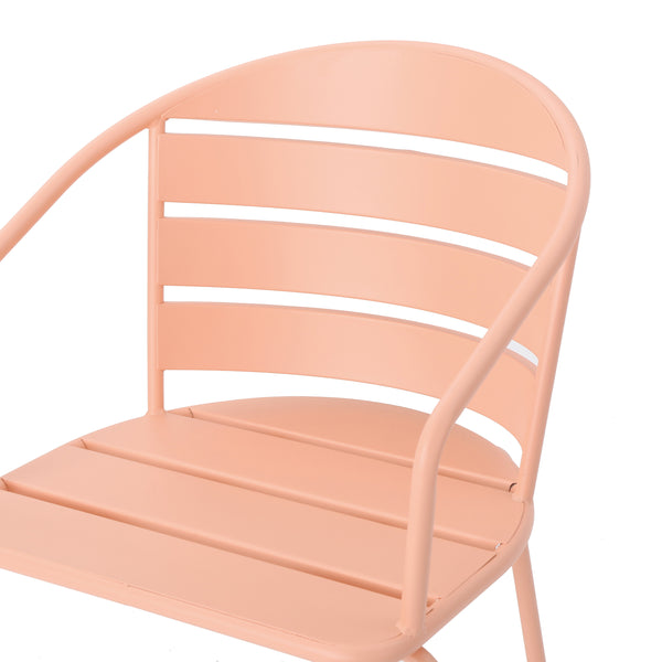 English Elm Santa Monica Outdoor Bistro Set Powder Coated Iron Oval Table Two Slat Chairs Patio Coral 62015.00CRL