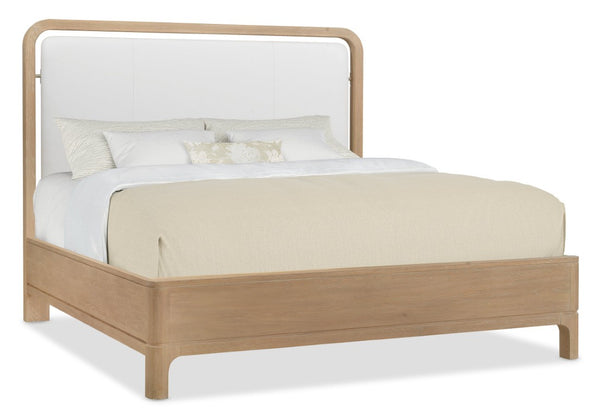 Hooker Furniture Banyon Modern King Panel Bed With Leather-Trim Headboard, White Oak Desert Finish, Sturdy Craftsmanship Beige 6081-90366-82