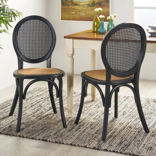 English Elm Dining Chairs Set of 2 Solid Elm Wood with Pressed Cane Mid-century Style 66146.00BLK