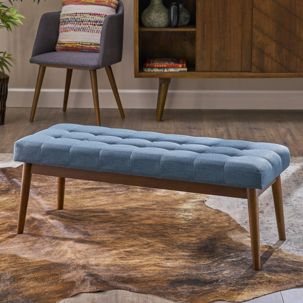 English Elm Christopher Knight Home® - Mid-Century Upholstered Storage Bench with Button-Tufted Top, Walnut Legs, Handcrafted Accent Seat Blue 61147.00BLU