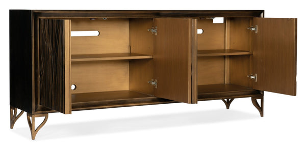 Hooker Furniture Melange Mountgomery Credenza With Wavy Grooved Doors, Dark Wood Finish, Gold Accents & Power 628-55005-87