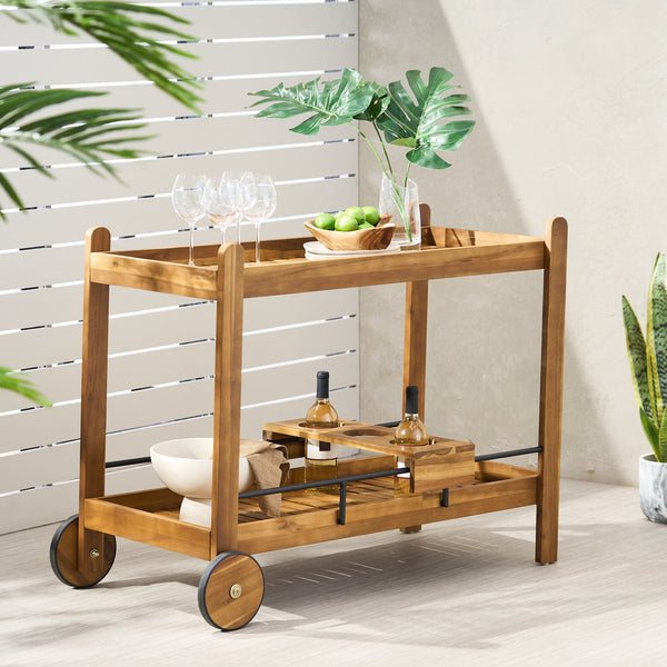 English Elm Christopher Knight Home® - LOUISIANA Bar Cart – Black Metal & Acacia Wood, Transitional Slat Design, Mobile with Wine Rack and Wheels 72835.00