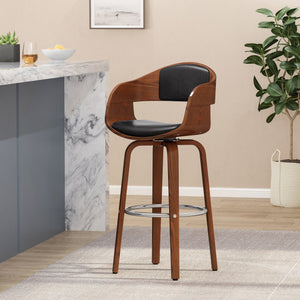 English Elm Christopher Knight Home® - BAR STOOL Mid-Century Modern Faux Leather Swivel with Walnut Veneer Frame and Chrome Footrest Black 67494.00PUMDNT