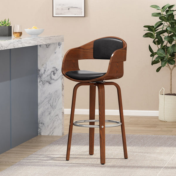 English Elm Christopher Knight Home® - BAR STOOL Mid-Century Modern Faux Leather Swivel with Walnut Veneer Frame and Chrome Footrest Black 67494.00PUMDNT