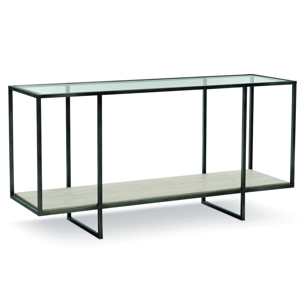 Bernhardt Bernhardt Harlow Metal Console Table With Travertine Shelf, Tempered Glass Top, Oil‑Rubbed Bronze Frame 514910