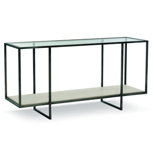 Bernhardt Bernhardt Harlow Metal Console Table With Travertine Shelf, Tempered Glass Top, Oil‑Rubbed Bronze Frame 514910