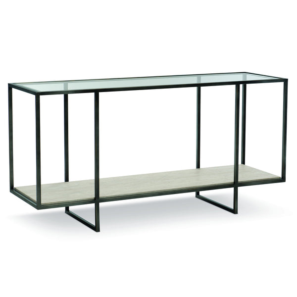 Bernhardt Bernhardt Harlow Metal Console Table With Travertine Shelf, Tempered Glass Top, Oil‑Rubbed Bronze Frame 514910