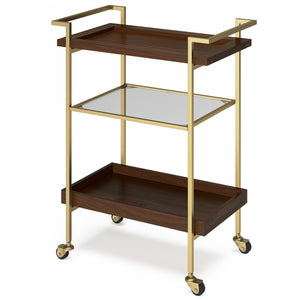English Elm Jace Mango Wood Bar Cart 26" Cognac with Tempered Glass Shelves, Gold Metal Frame & Locking Wheels B136P158748