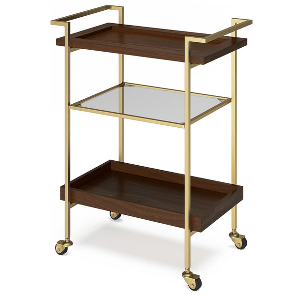 English Elm Jace Mango Wood Bar Cart 26" Cognac with Tempered Glass Shelves, Gold Metal Frame & Locking Wheels B136P158748