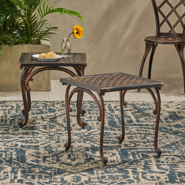 English Elm Laughlin Cast Aluminum Outdoor End Tables Antique Copper Patina Old World Patio Set 54043.00