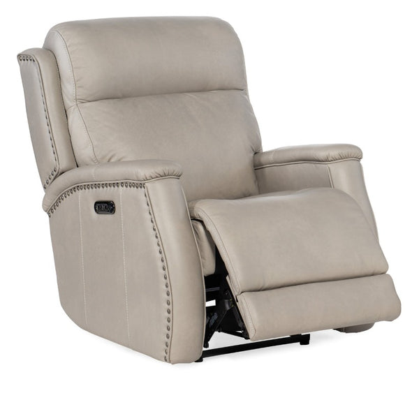Hooker Furniture Rhea Luxury Zero-Gravity Power Recliner In Sahara Ash Leather With Usb Port, Nailhead Trim Elegance Light Gray SS703-PHZ1-091