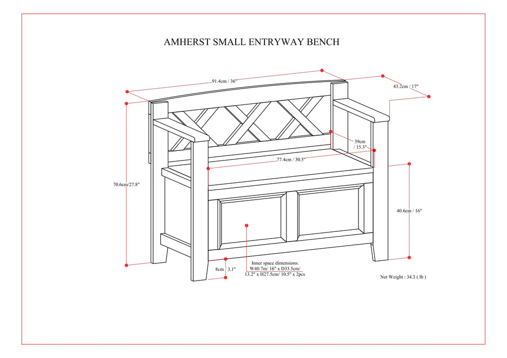 English Elm Amherst Solid Wood 36" Entryway Storage Bench - Transitional Design In Warm Hickory Brown Finish B136P158353
