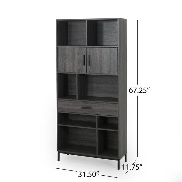 English Elm Christopher Knight Home® - CUBE Contemporary Cube Unit Bookcase in Grey Oak with Faux Wood, Iron Legs, Shelves, Drawer & Cabinets 66446.00