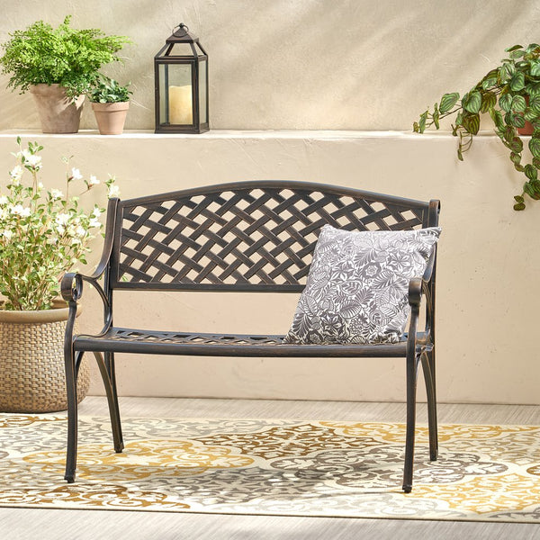 English Elm Spencer Cast Aluminum Outdoor Bench Antique Copper Finish Scrolled Arms Garden Patio 50327.00LVS