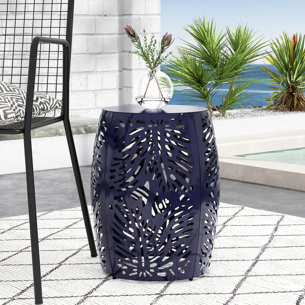 English Elm Metal Cylindrical Accent Table Powder Coated Iron with Tropical Palm Leaf Lattice Design Navy Blue 73613.00NBLU