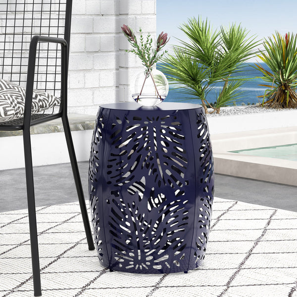 English Elm Metal Cylindrical Accent Table Powder Coated Iron with Tropical Palm Leaf Lattice Design Navy Blue 73613.00NBLU