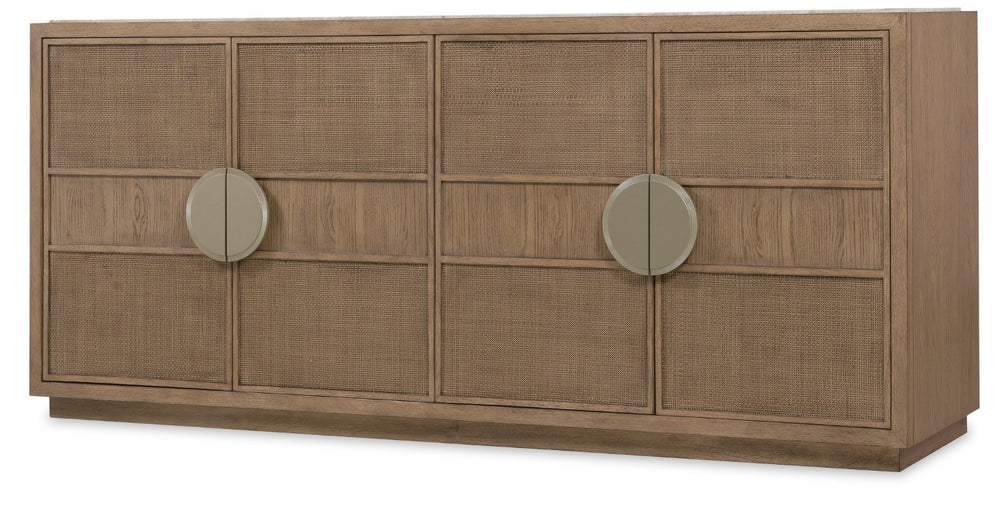 Hooker Furniture Sonnet Marble-Inset Dining Credenza With Woven Cane Doors, White Oak Veneer, Soft-Close Storage Elegance 6072-75900-85