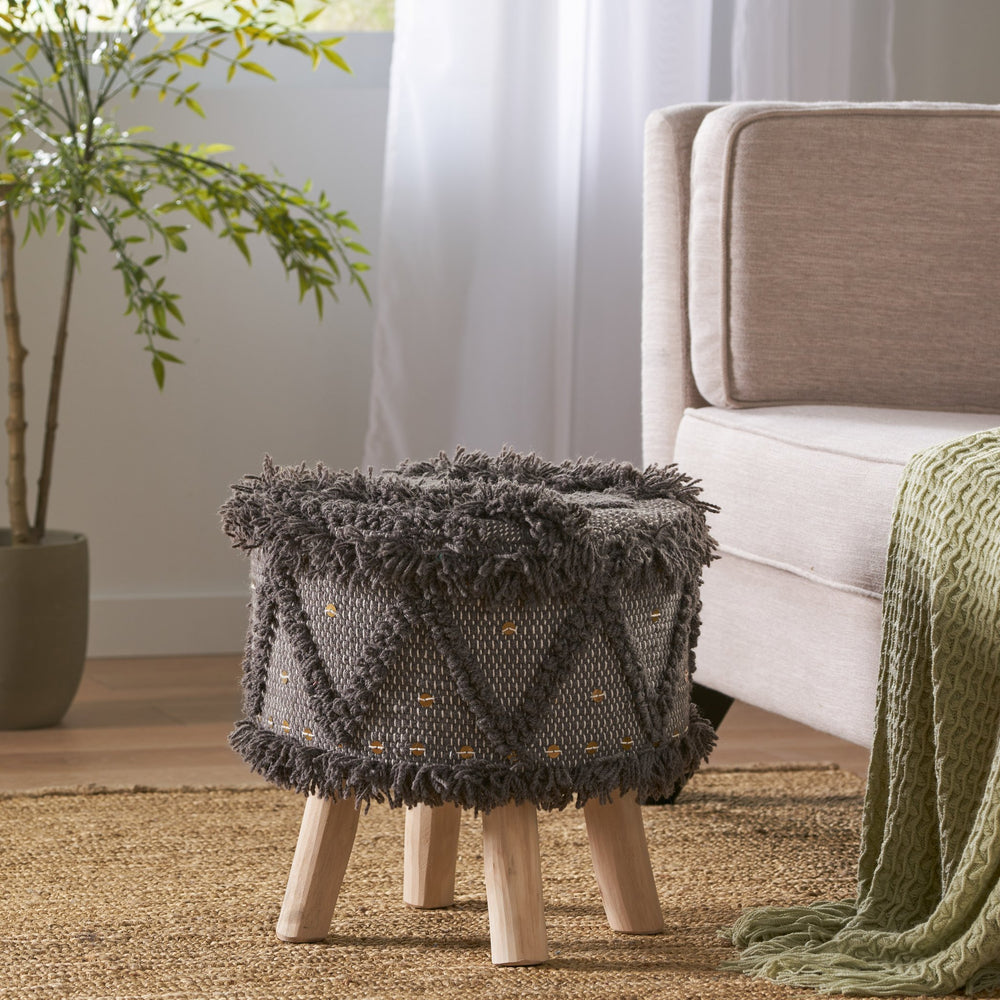 English Elm Christopher Knight Home® - ROJA Handcrafted Wool & Cotton 16x16 Boho Foot Stool with Eucalyptus Wood, Dark Brown Tufted Accent 63546.00DBRN