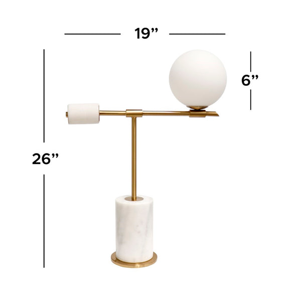 Pasargad Home Bianca Table Lamp - Chic Opal Globe & Gold Metal Arm On Elegant Marble Base, H26" White Metal & Marble Pmt-30208