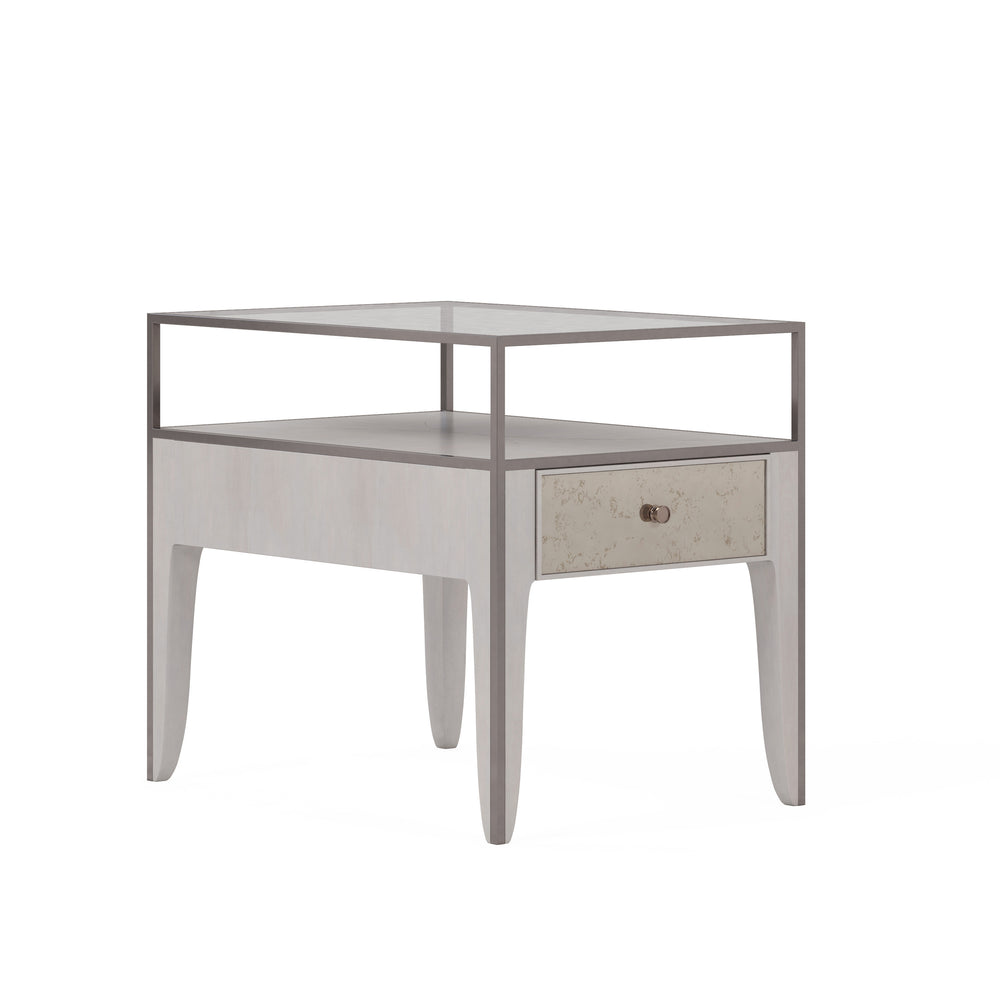 A.R.T. Furniture Mezzanine Dove Gray End Table With Antique Mirror Drawer, Glass Top, And Stylish Metal Frame Storage Light Gray Parawood And Poplar Solids,Maple Veneer,Mirror,Glass,Steel 325324-2249