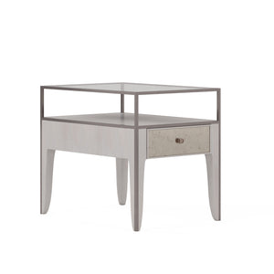 A.R.T. Furniture Mezzanine Dove Gray End Table With Antique Mirror Drawer, Glass Top, And Stylish Metal Frame Storage Light Gray Parawood And Poplar Solids,Maple Veneer,Mirror,Glass,Steel 325324-2249