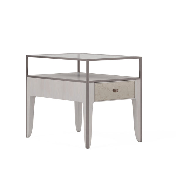 A.R.T. Furniture Mezzanine Dove Gray End Table With Antique Mirror Drawer, Glass Top, And Stylish Metal Frame Storage Light Gray Parawood And Poplar Solids,Maple Veneer,Mirror,Glass,Steel 325324-2249