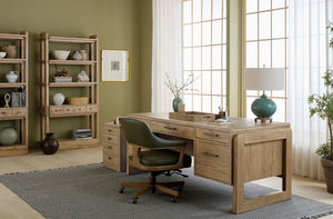 Hooker Furniture Kalamazoo Aged Oak Bookcase With Industrial Connectors, Open Shelves, Drawers & Hidden Storage 6062-10446-80