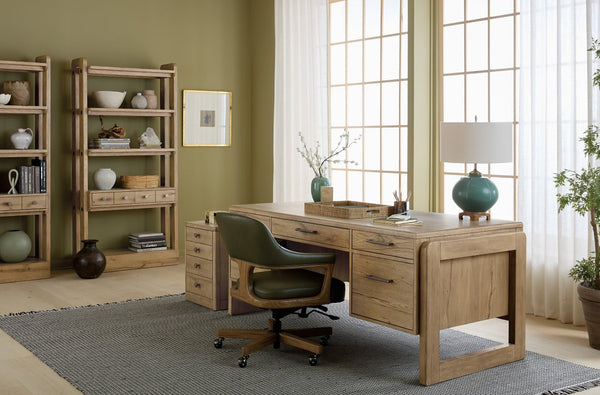 Hooker Furniture Kalamazoo Aged Oak Bookcase With Industrial Connectors, Open Shelves, Drawers & Hidden Storage 6062-10446-80