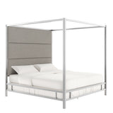 Homelegance By Top-Line Marcel Chrome Finish Metal Canopy Bed with Linen Panel Headboard Chrome Metal