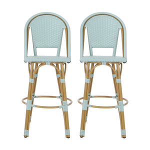 English Elm 29.5" Outdoor Pe Rattan Bistro Barstools Set of 2 Woven Teal French Cafe Style 72606.00LT