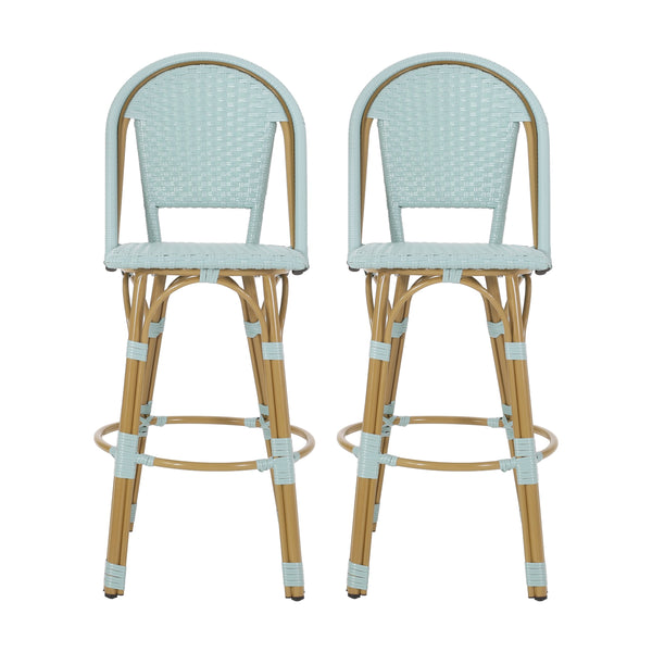 English Elm 29.5" Outdoor Pe Rattan Bistro Barstools Set of 2 Woven Teal French Cafe Style 72606.00LT