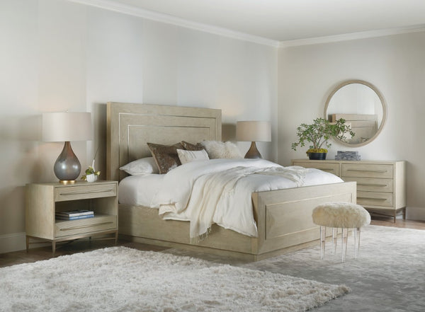 Hooker Furniture Cascade King Panel Bed With Taupe Oak Veneer, Champagne Metal Inlays, Transitional Elegance Beige 6120-90266-80
