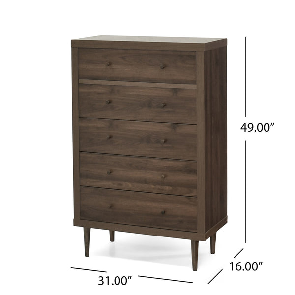 English Elm Christopher Knight Home® - Nordic 5-Drawer Chest – Mid-Century Modern Storage Solution With Warm Walnut Finish & Tapered Legs 71146.00WALN