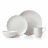 French Perle Scallop 4-Piece Dinnerware Set, Elegant Stoneware, Dishwasher Safe