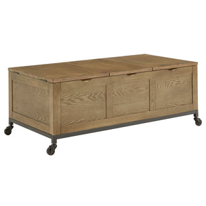 Homelegance By Top-Line Millie Trunk Rectangular Coffee Table with Tray and Iron Casters Oak MDF