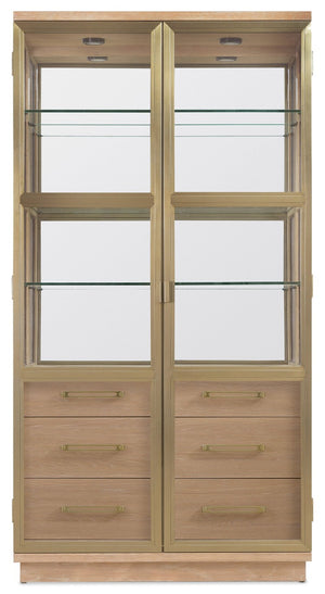 Hooker Furniture Banyon Glass Display Cabinet With Mirrored Back, Brushed Brass Accents & Led Lights, Desert Oak Finish 6081-75906-82