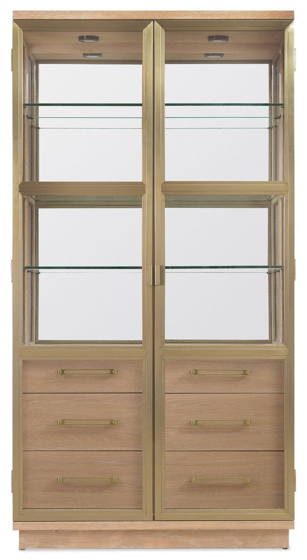 Hooker Furniture Banyon Glass Display Cabinet With Mirrored Back, Brushed Brass Accents & Led Lights, Desert Oak Finish 6081-75906-82
