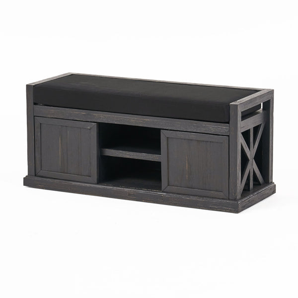 English Elm Christopher Knight Home® - Storage Bench Acacia Wood with Water-Resistant Padded Seat, Rustic X-Frame Shoe Organizer with 2 Doors and Shelves 66470.00DGRYBLK