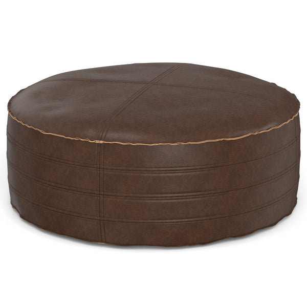 English Elm Brody - Stylish 32" Round Pouf Coffee Table In Distressed Dark Brown - Versatile Seating & Ottoman B136P159352